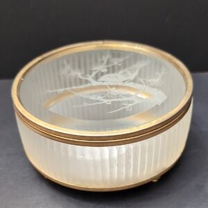 Vintage Round Beveled Glass,Footed,Lidded Etched Jewelry Box.